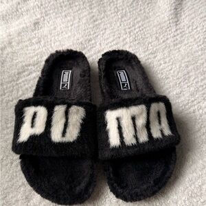 Puma Black Slide Slippers with White Logo Fur